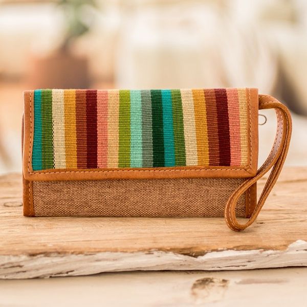 Alternate image for Handcrafted Tan Leather Wristlet with Striped Cotton Textile Tropical Tan