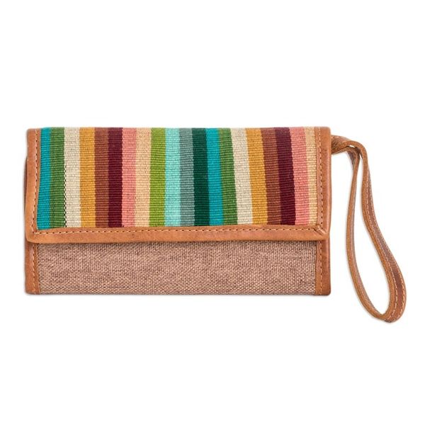 Alternate image for Handcrafted Tan Leather Wristlet with Striped Cotton Textile Tropical Tan