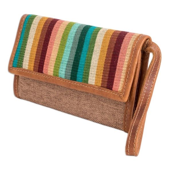 Alternate image for Handcrafted Tan Leather Wristlet with Striped Cotton Textile Tropical Tan