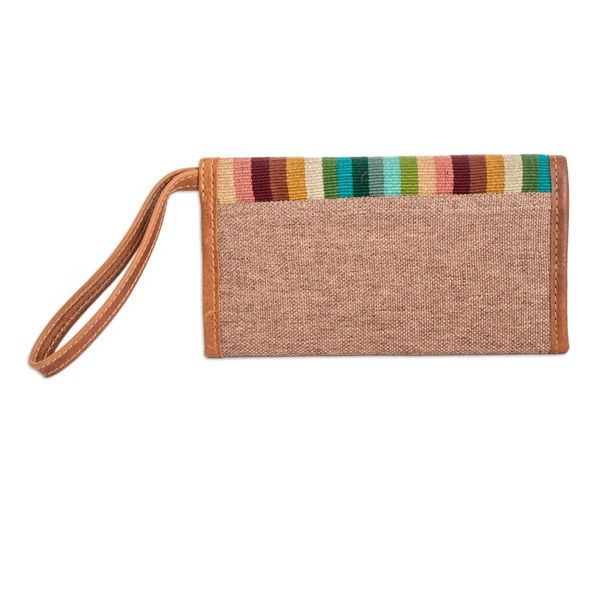 Alternate image for Handcrafted Tan Leather Wristlet with Striped Cotton Textile Tropical Tan