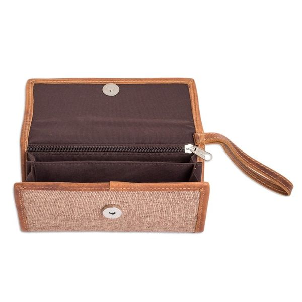 Alternate image for Handcrafted Tan Leather Wristlet with Striped Cotton Textile Tropical Tan