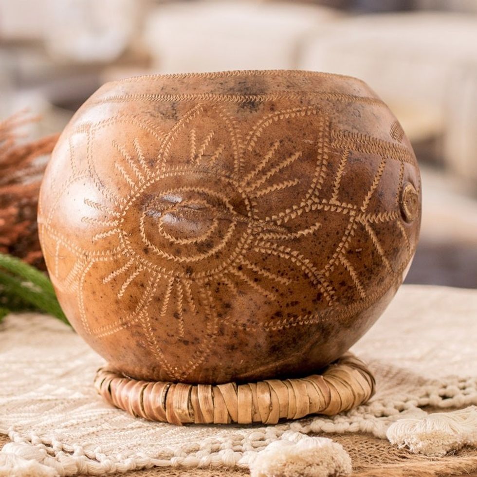 Hand-Carved Sunflower-Themed Dried Gourd Decorative Accent 'Sunflower Essence'