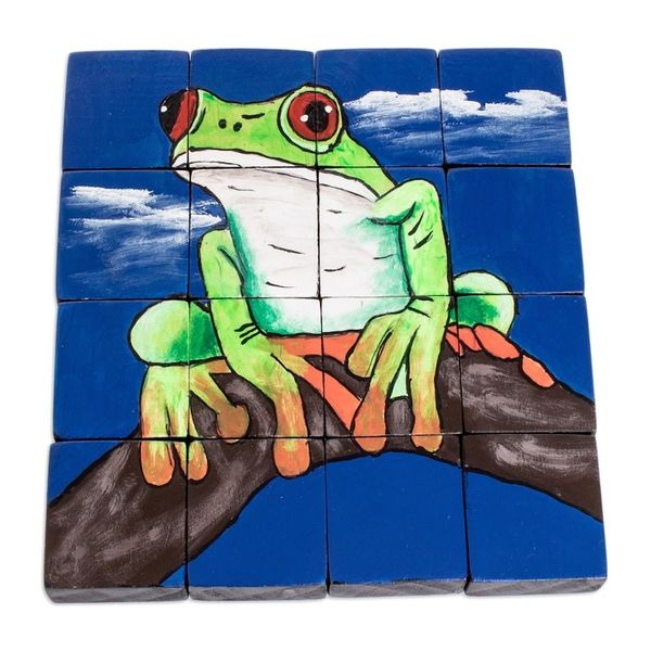 Alternate image for Hand-Painted Frog-Themed Pinewood Puzzle with 16 Pieces Tropical Croak