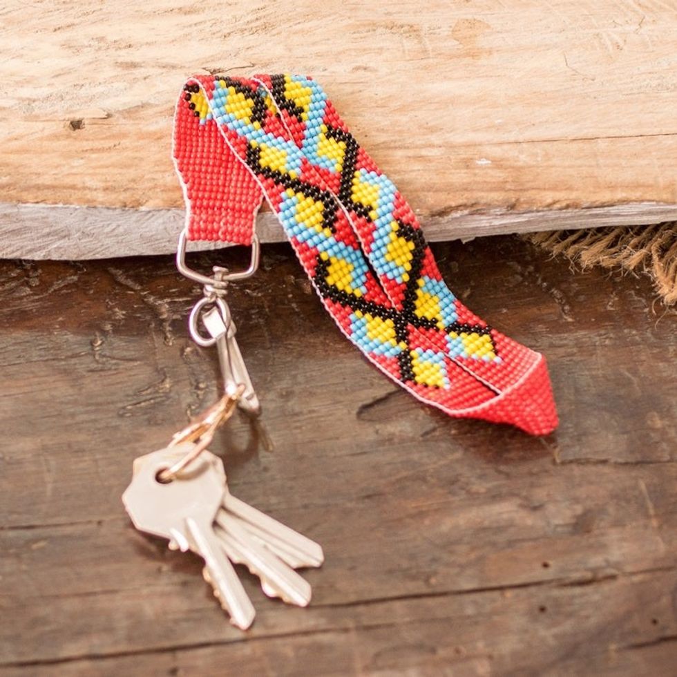 Handcrafted Geometric Glass Beaded Keychain in Red 'Key to Romance'