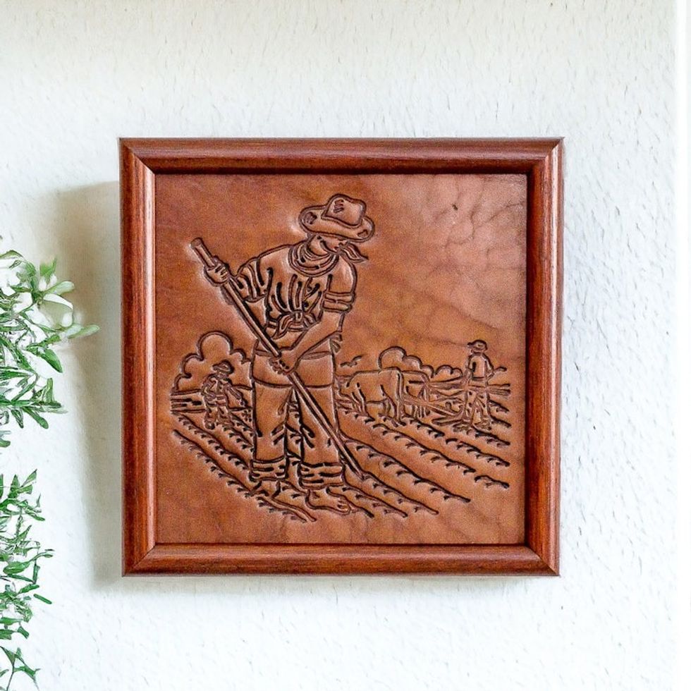 Handcrafted Cultural Pinewood-Framed Leather Wall Art 'Rustic Lands'
