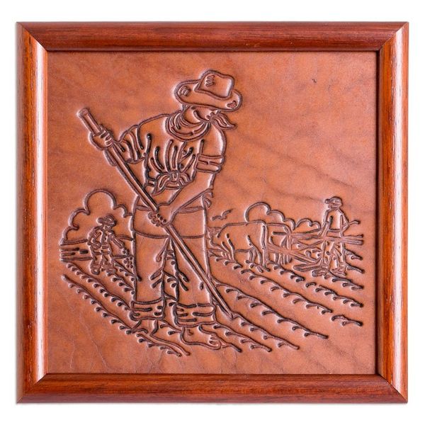 Alternate image for Handcrafted Cultural Pinewood-Framed Leather Wall Art Rustic Lands