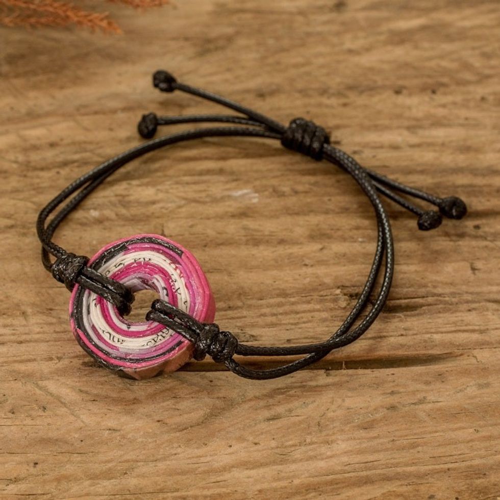 Recycled Paper Pendant Bracelet with Adjustable Black Cord 'Black Constellation'