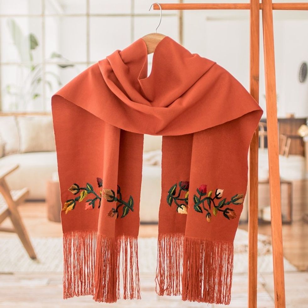 Floral Embroidered Russet Cotton Shawl with Fringes 'Kind Russet'