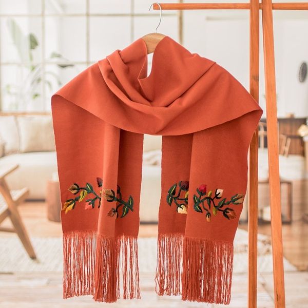 Alternate image for Floral Embroidered Russet Cotton Shawl with Fringes Kind Russet