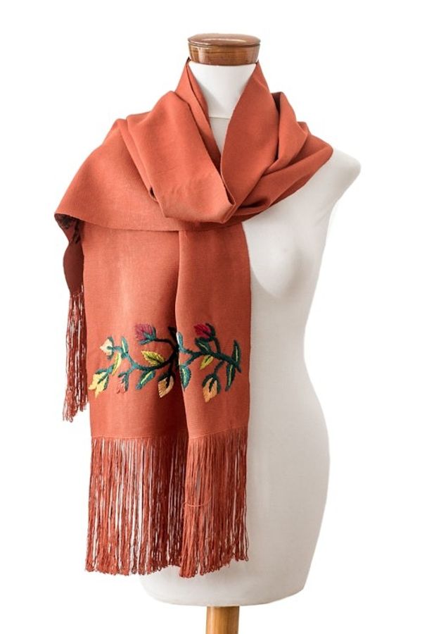 Alternate image for Floral Embroidered Russet Cotton Shawl with Fringes Kind Russet