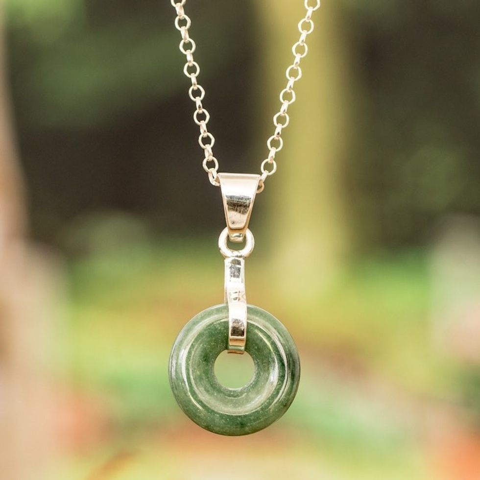 Modern Round Natural Bright Green Jade Pendant Necklace 'Paths of Vitality'