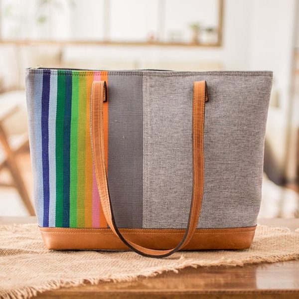 Alternate image for Leather-Accented Cotton Shoulder Bag in a Grey Base Hue Marvelous Diversity