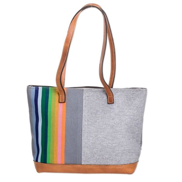 Alternate image for Leather-Accented Cotton Shoulder Bag in a Grey Base Hue Marvelous Diversity