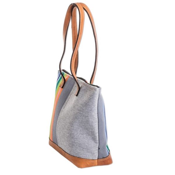 Alternate image for Leather-Accented Cotton Shoulder Bag in a Grey Base Hue Marvelous Diversity