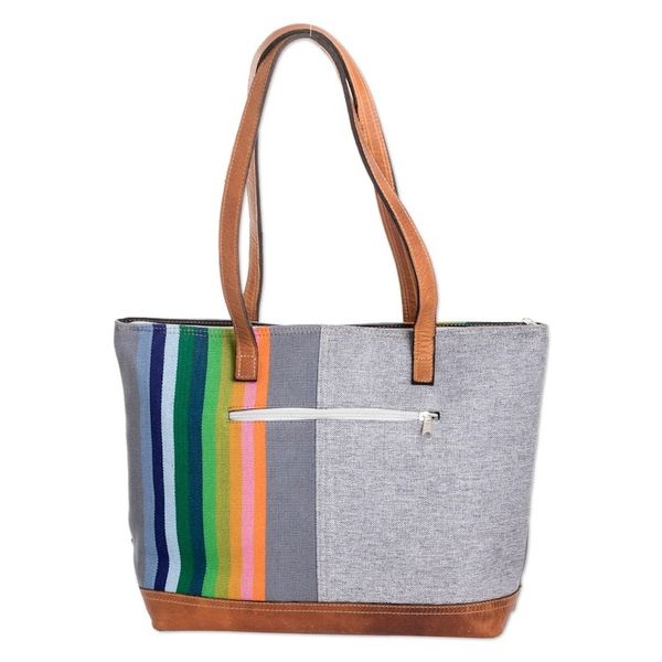 Alternate image for Leather-Accented Cotton Shoulder Bag in a Grey Base Hue Marvelous Diversity