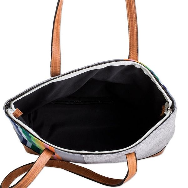 Alternate image for Leather-Accented Cotton Shoulder Bag in a Grey Base Hue Marvelous Diversity