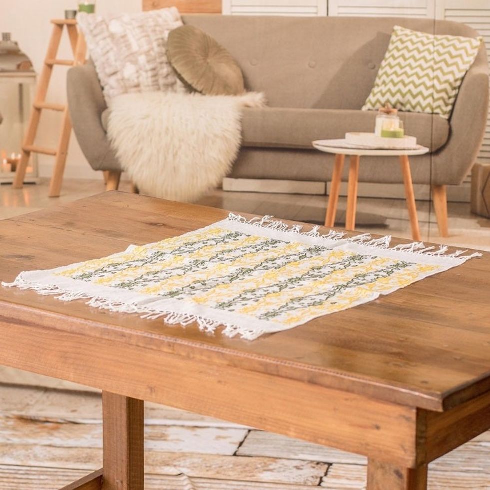 Leafy Handwoven Green and Yellow Cotton Placemat 'Sun Over the Forest'