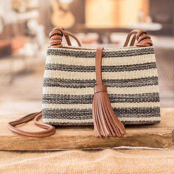 Alternate image for Handcrafted Leather-Accented Striped Onyx Cotton Sling Bag Beach Walk