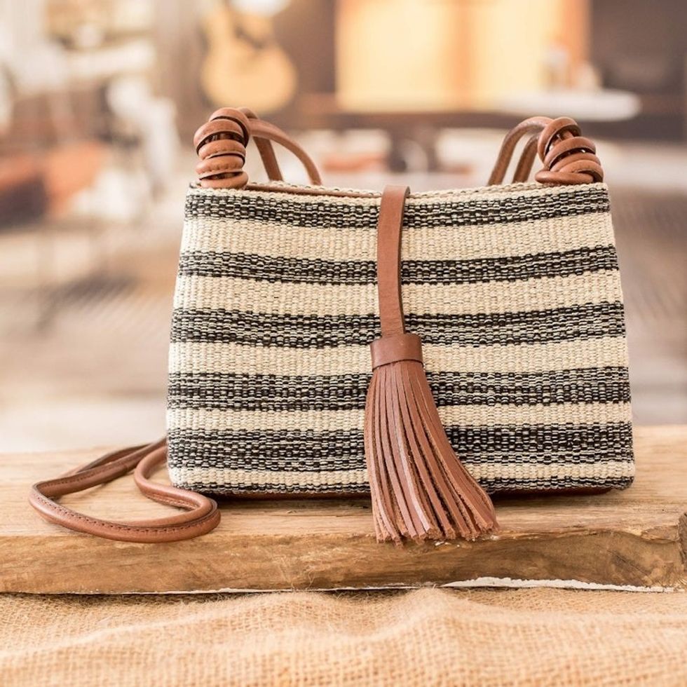 Handcrafted Leather-Accented Striped Onyx Cotton Sling Bag 'Beach Walk'