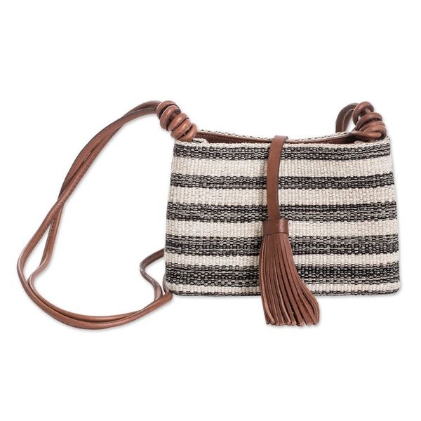 Alternate image for Handcrafted Leather-Accented Striped Onyx Cotton Sling Bag Beach Walk