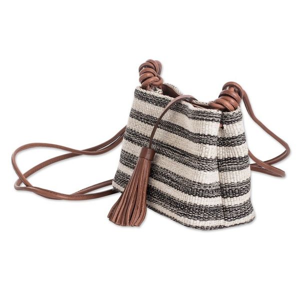 Alternate image for Handcrafted Leather-Accented Striped Onyx Cotton Sling Bag Beach Walk