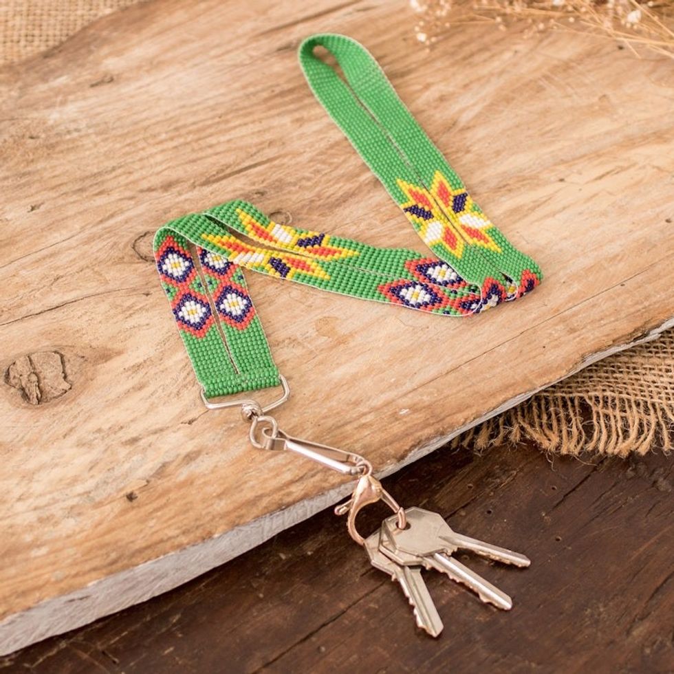 Handcrafted Floral Glass Beaded Keychain in Bright Green 'Key to Elysium'