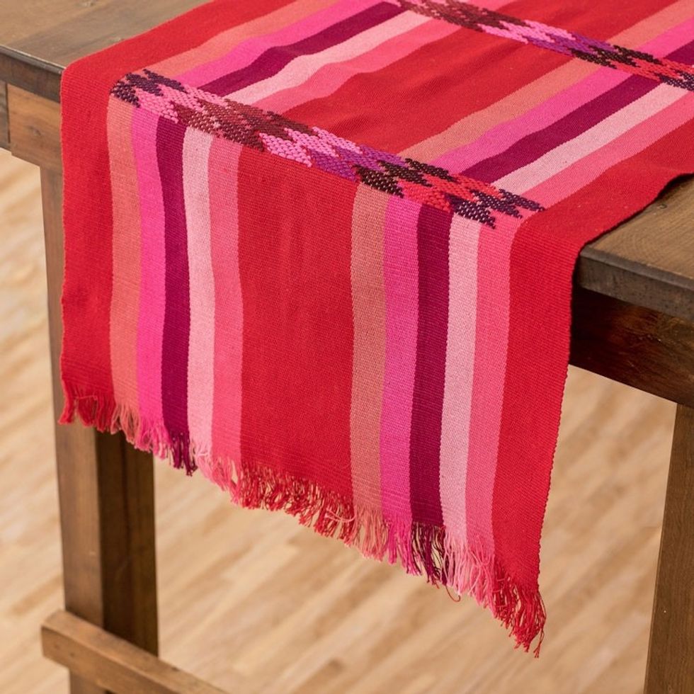 Woven Colorful Cotton Table Runner in a Poppy Base Hue 'Poppy Rainbow'