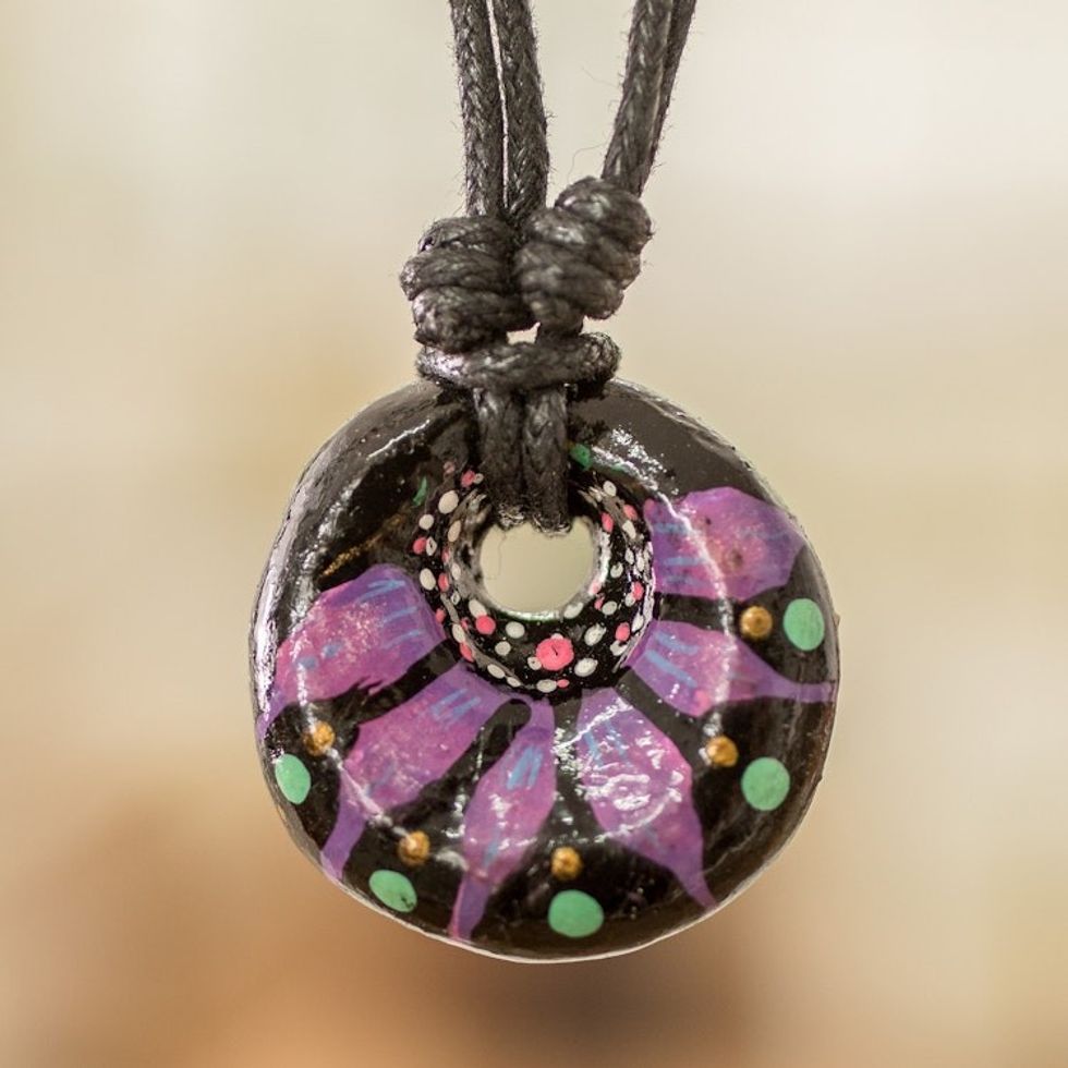 Floral Adjustable Painted Ceramic Pendant Necklace in Purple 'Night's Purple Grace'