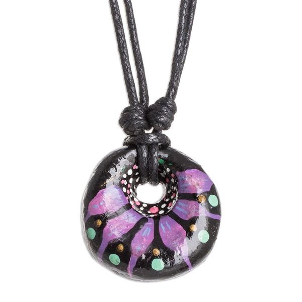 Alternate image for Floral Adjustable Painted Ceramic Pendant Necklace in Purple Nights Purple Grace