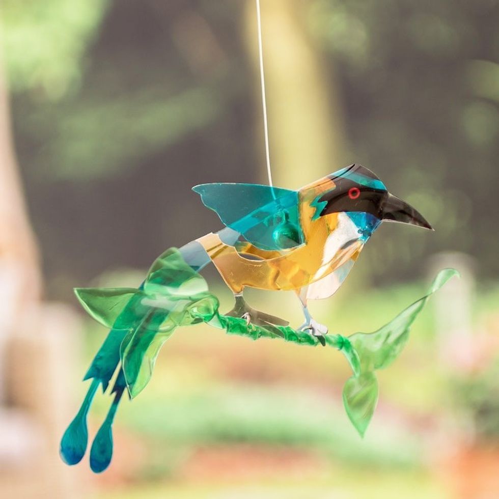 Hand-Painted Recycled Plastic Mobile of an Amazonian Motmo 'Ethereal Fauna'