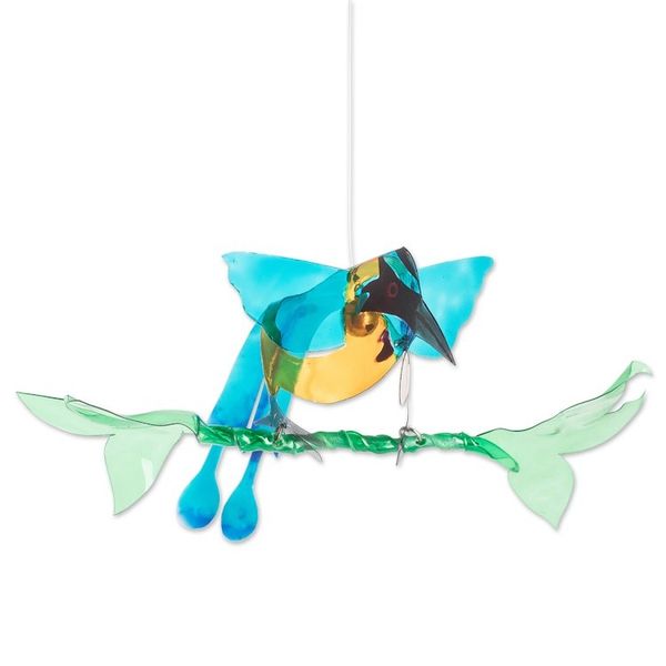 Alternate image for Hand-Painted Recycled Plastic Mobile of an Amazonian Motmo Ethereal Fauna