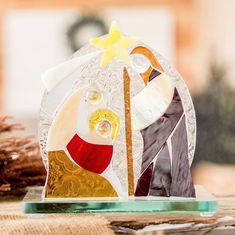 Hand-Painted Blue and Green Float Glass Nativity Scene 'Blessed Family'
