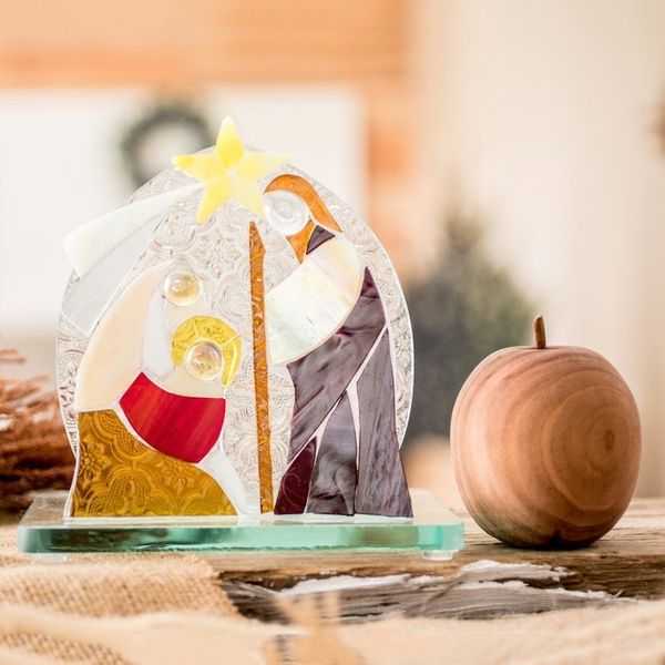 Alternate image for Hand-Painted Blue and Green Float Glass Nativity Scene Blessed Family