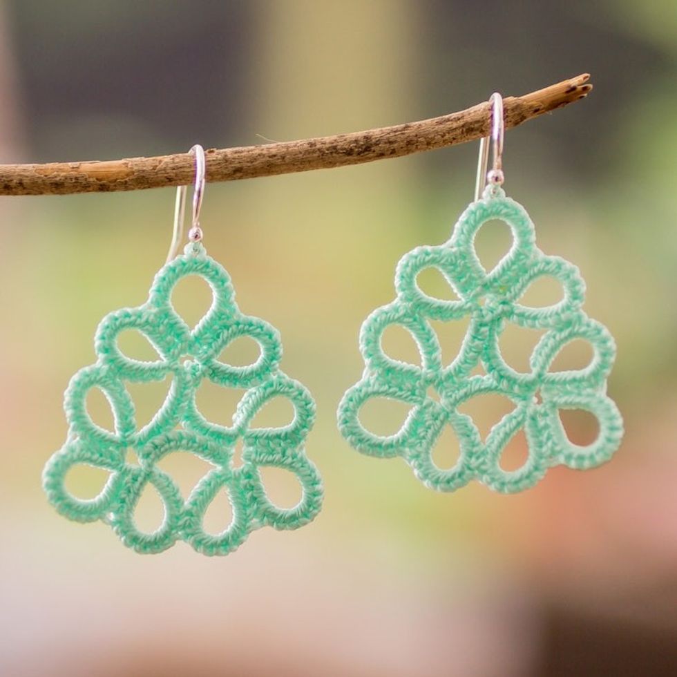 Hand-Tatted Dangle Earrings in Mint Crafted in Guatemala 'Petal Essence in Mint'