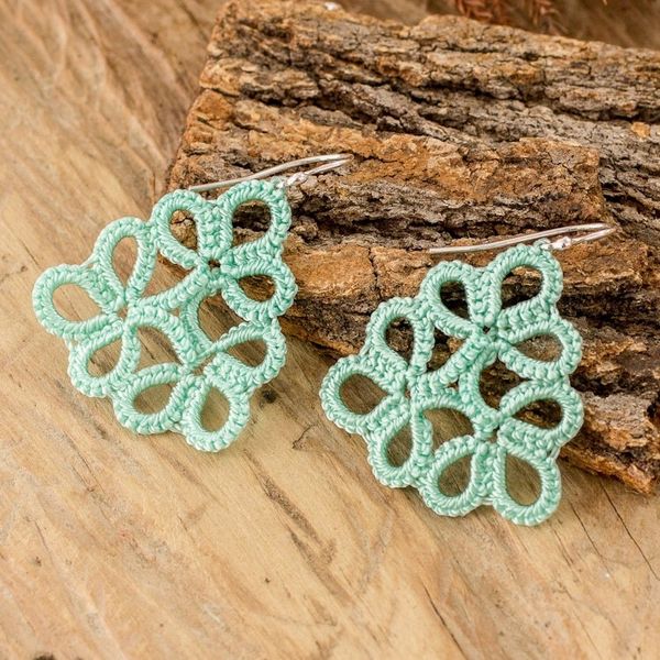 Alternate image for Hand-Tatted Dangle Earrings in Mint Crafted in Guatemala Petal Essence in Mint