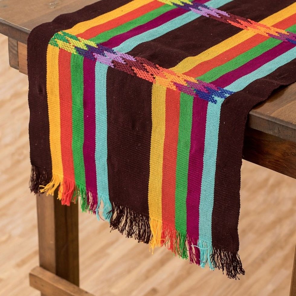 Woven Colorful Cotton Table Runner in a Chocolate Base Hue 'Chocolate Rainbow'