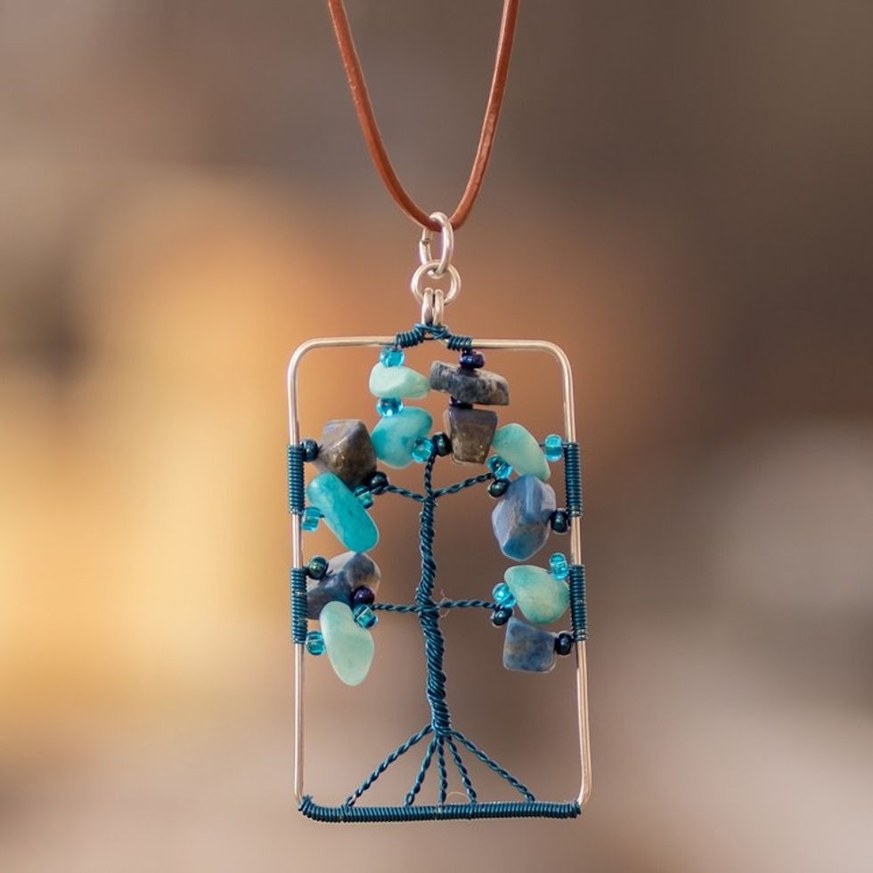 Tree-Themed Blue Lapis Lazuli and Quartz Pendant Necklace 'Sylvan Blue'