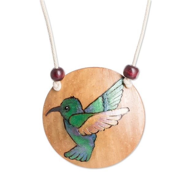 Alternate image for Hand-Painted Calabash Gourd Hummingbird Pendant Necklace Harmony Portrayal