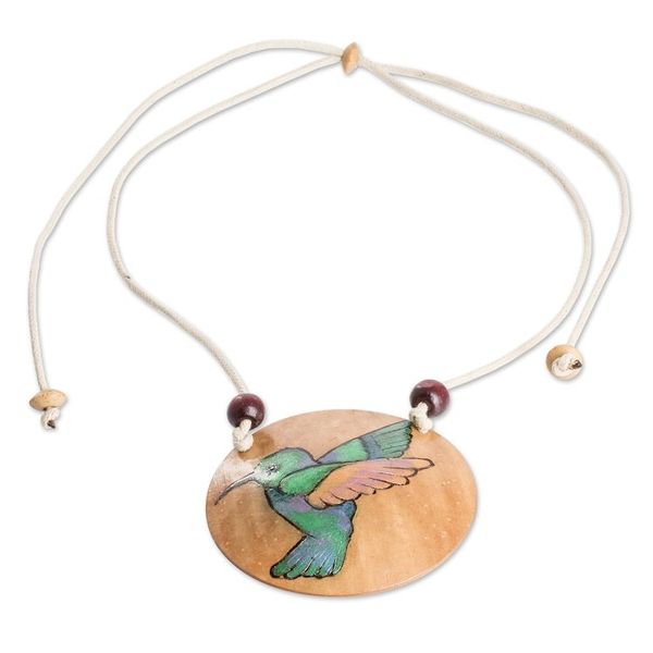 Alternate image for Hand-Painted Calabash Gourd Hummingbird Pendant Necklace Harmony Portrayal
