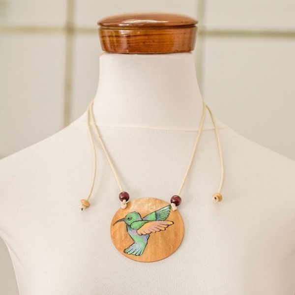 Alternate image for Hand-Painted Calabash Gourd Hummingbird Pendant Necklace Harmony Portrayal