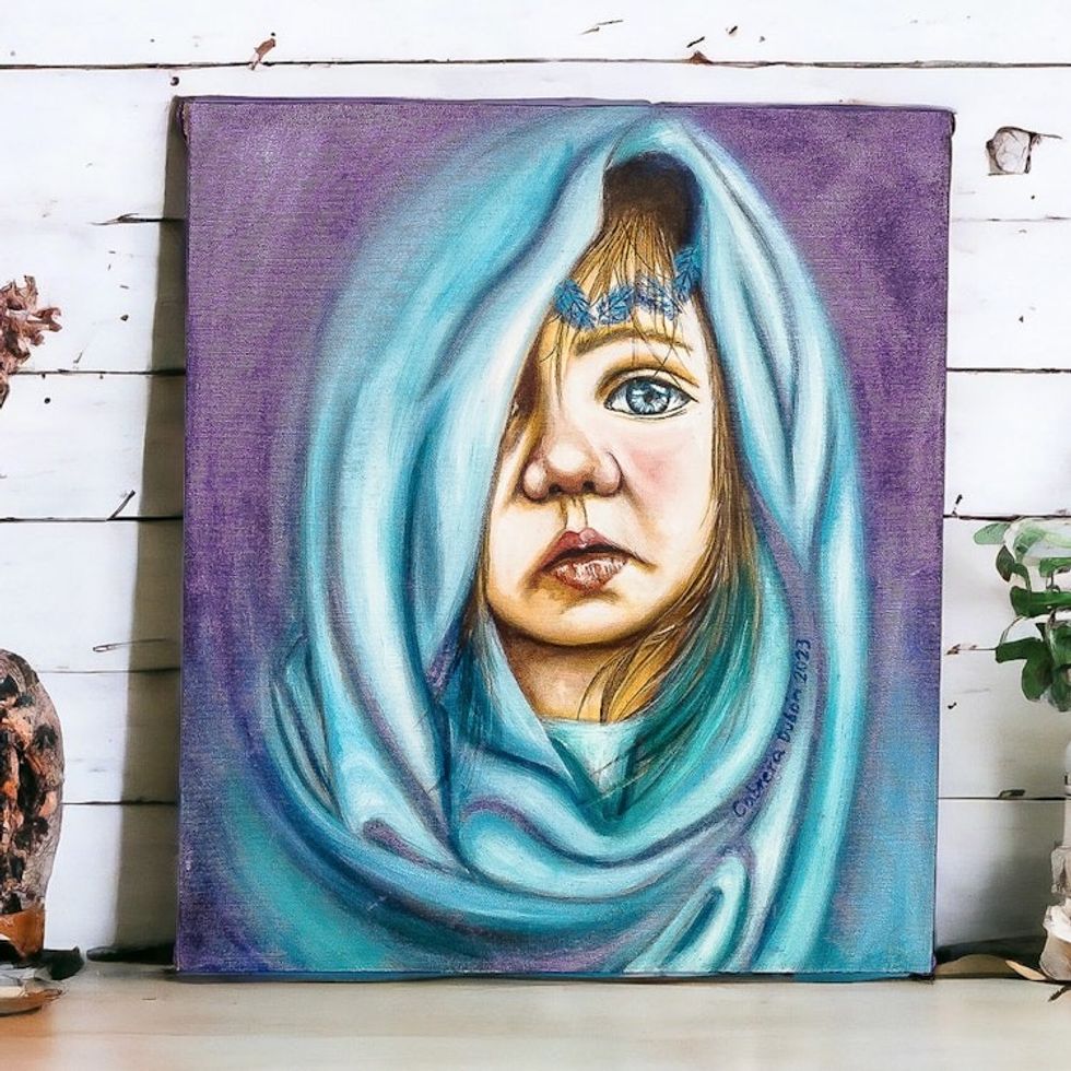 Oil Realist Portrait Painting of Child with Blue Headscarf 'Innocence'