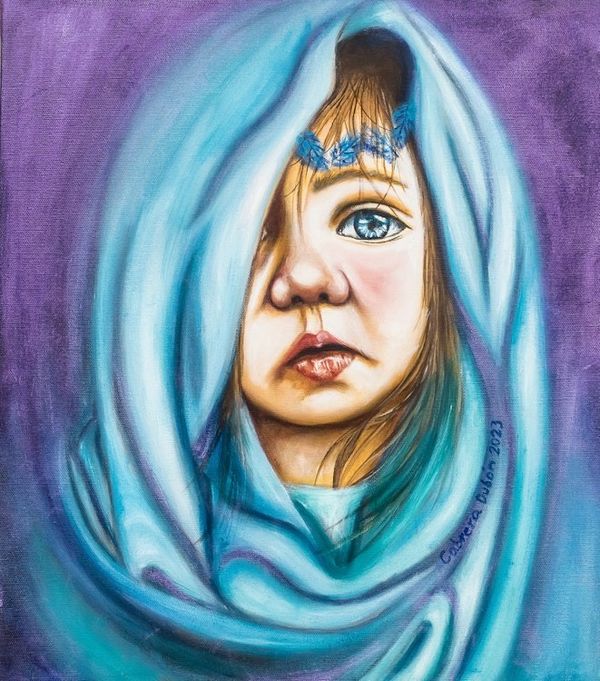 Alternate image for Oil Realist Portrait Painting of Child with Blue Headscarf Innocence