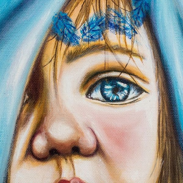 Alternate image for Oil Realist Portrait Painting of Child with Blue Headscarf Innocence