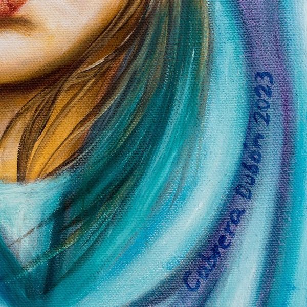 Alternate image for Oil Realist Portrait Painting of Child with Blue Headscarf Innocence