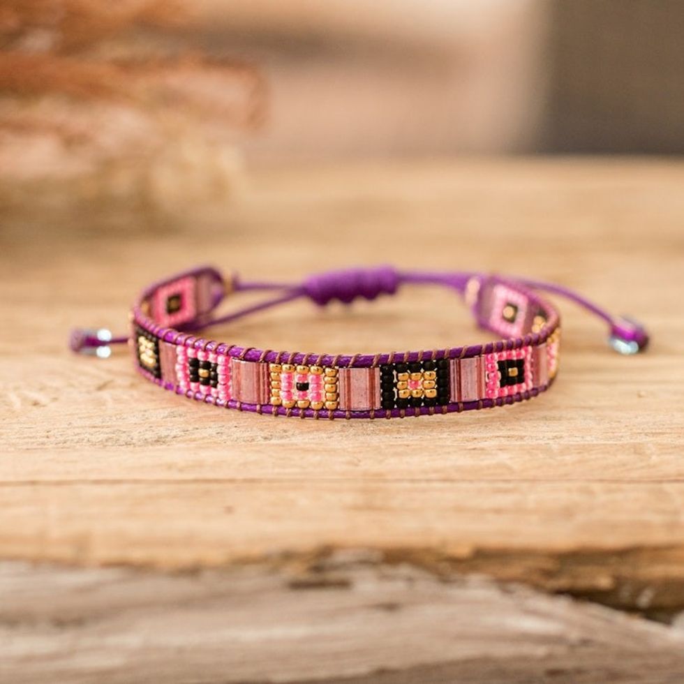 Handmade Purple and Pink Glass Beaded Wristband Bracelet 'Geometric Delight'