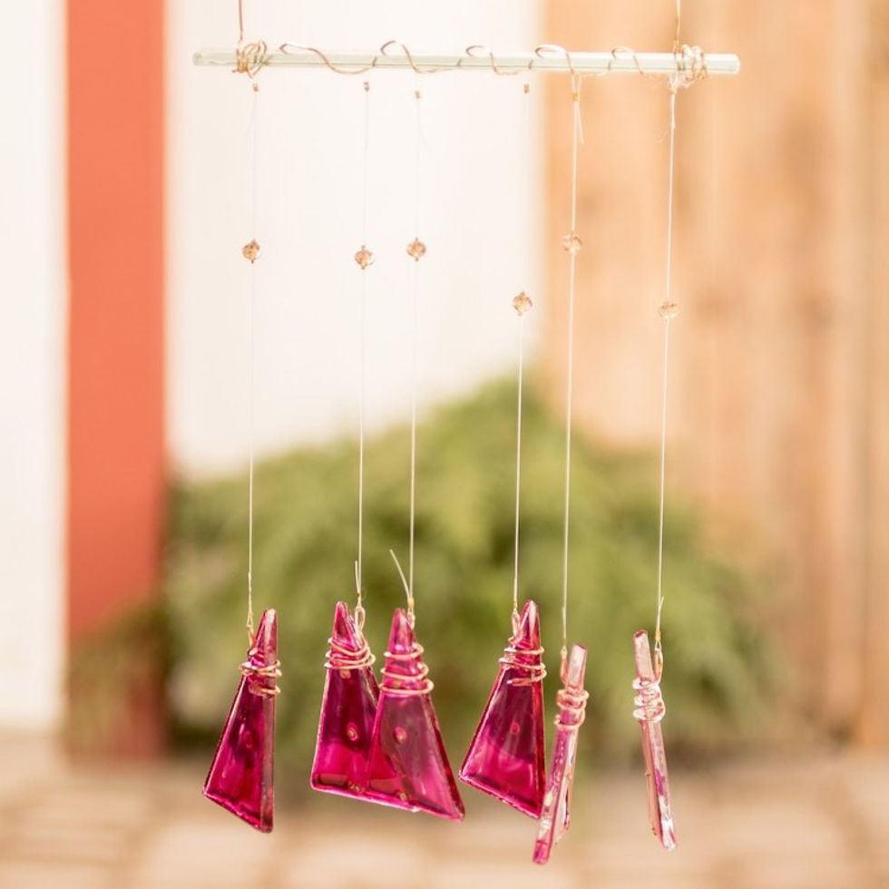 Pink Hand-Painted Recycled Glass Windchime from Costa Rica 'Pink Peaks'