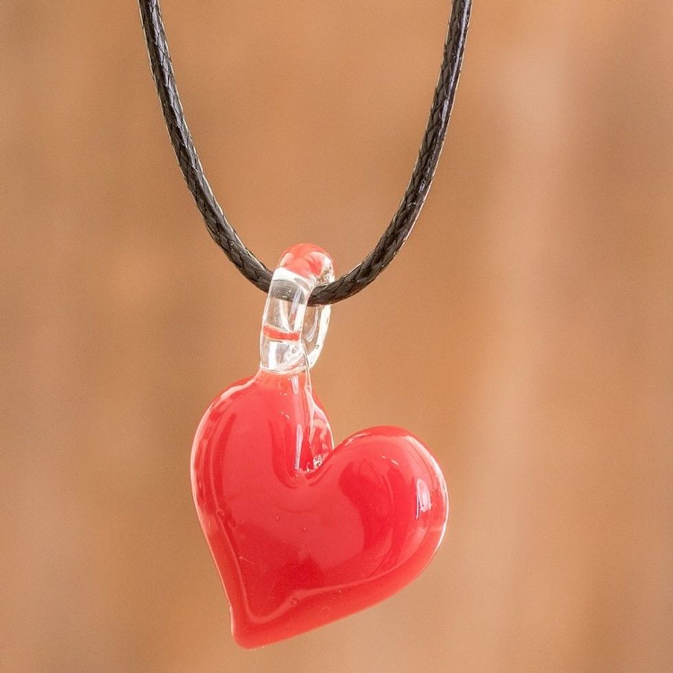 Adjustable Art Glass Necklace with Red Heart Pendant 'Vibrant Passion'