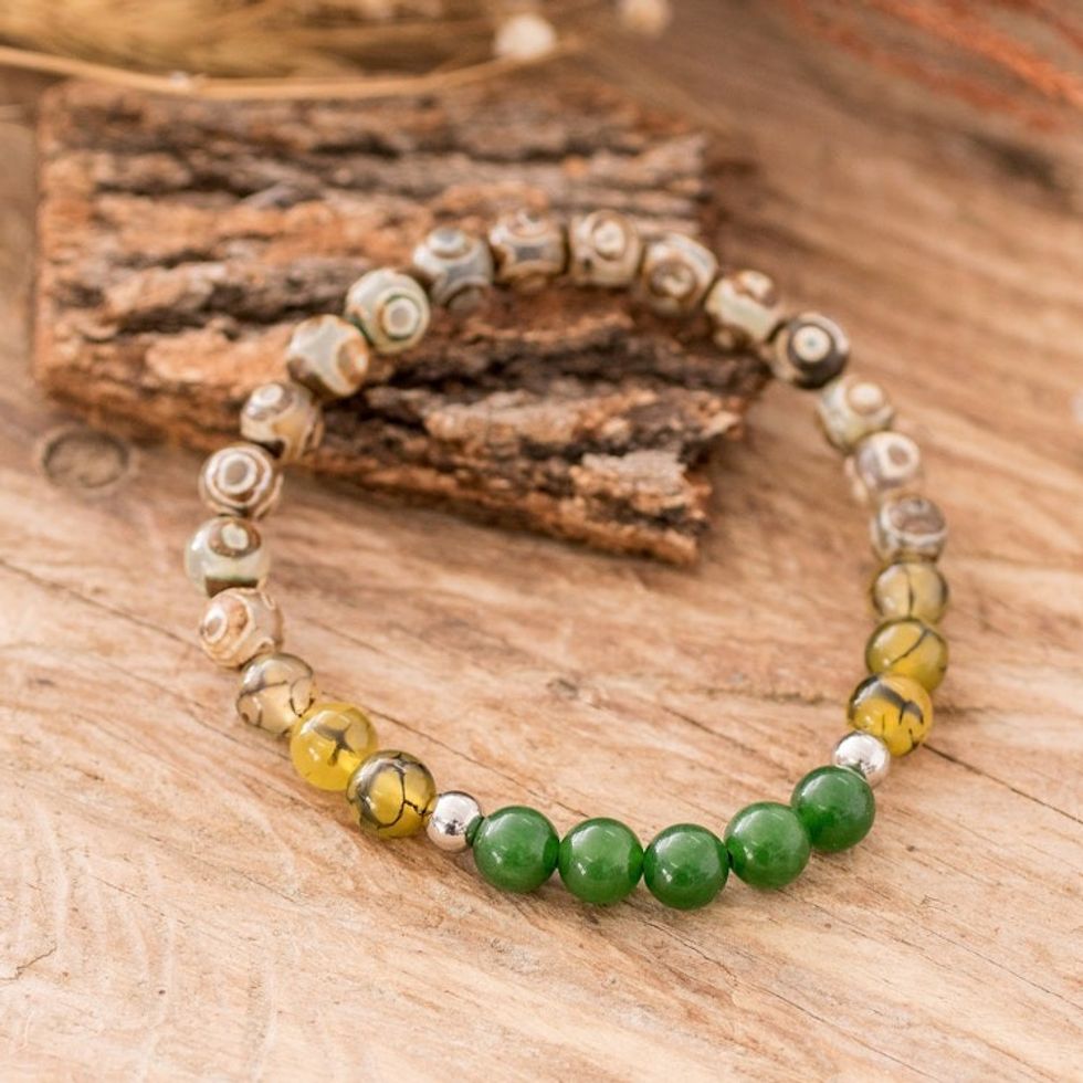 Handcrafted Men's Agate and Jade Beaded Stretch Bracelet 'Earth and Forest'