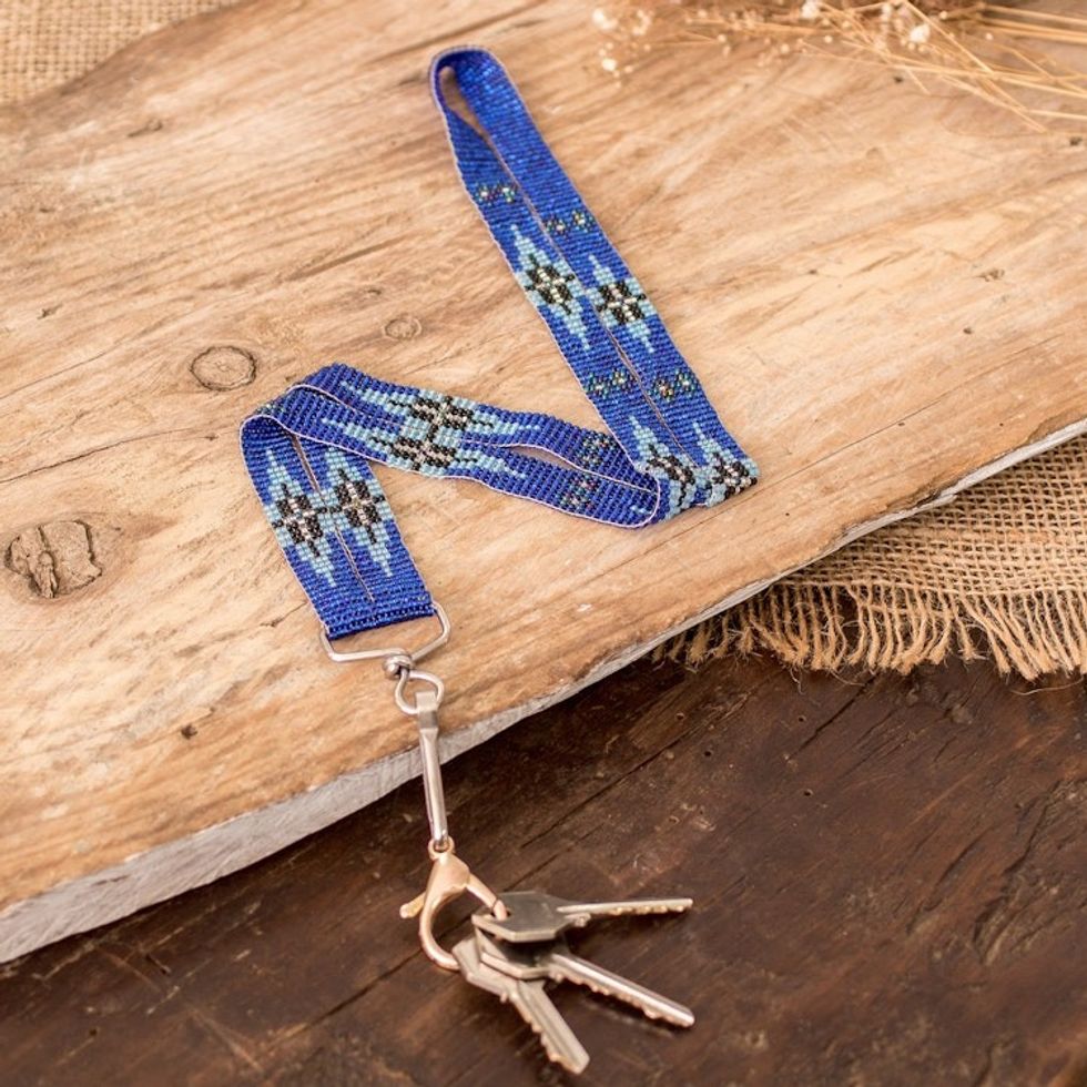 Guatemalan Hand-Beaded Blue Neck Lanyard Keychain Holder 'Handy and Stylish'
