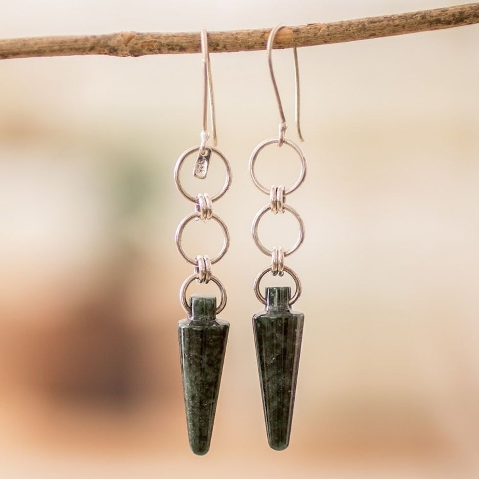 Silver and Green Jade Dangle Earrings with Pendulum Hoops 'Pretty Pendulum'